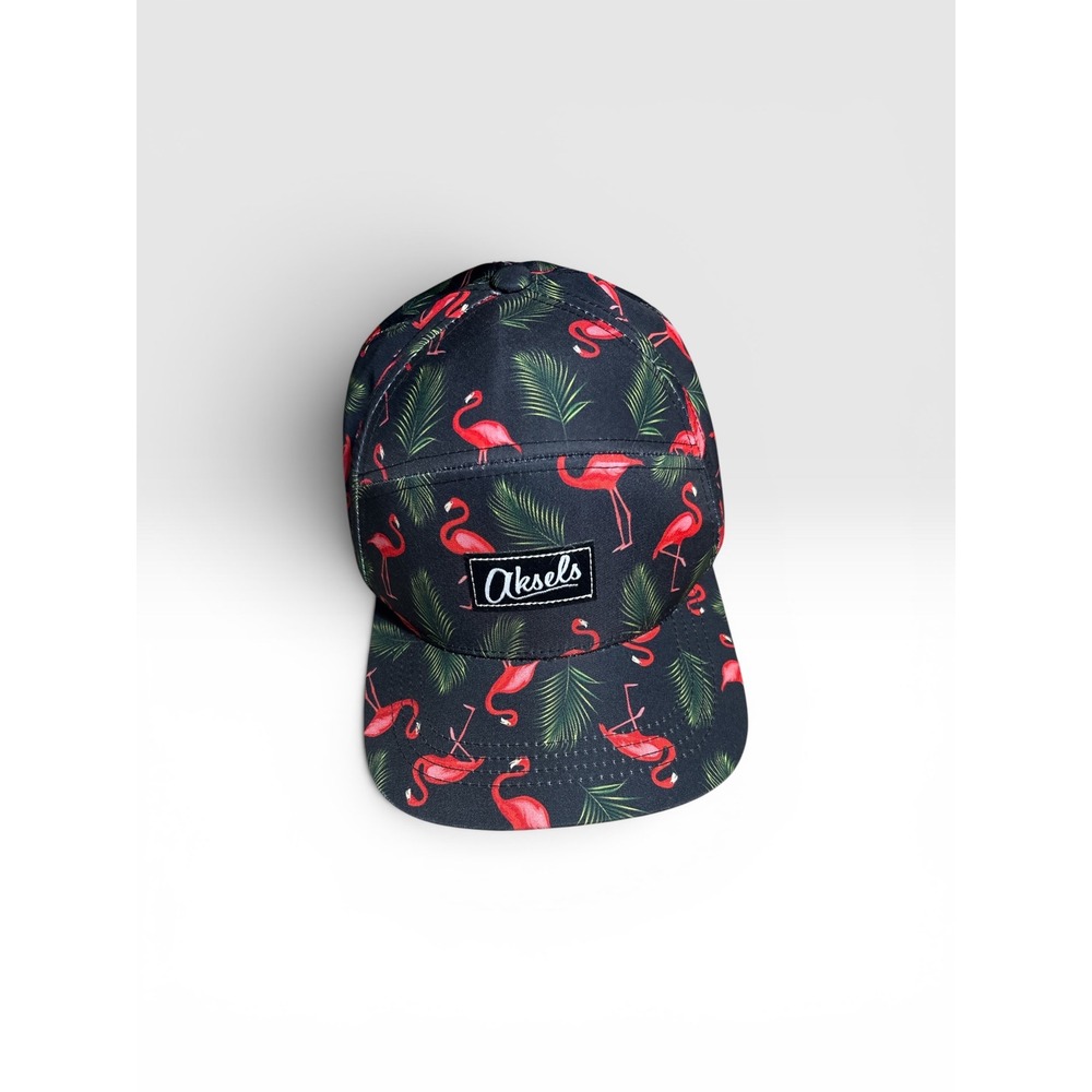 Aksels Flamingo Palm Tree 5 Panel Camper Hat Black Pink Snapback Cap